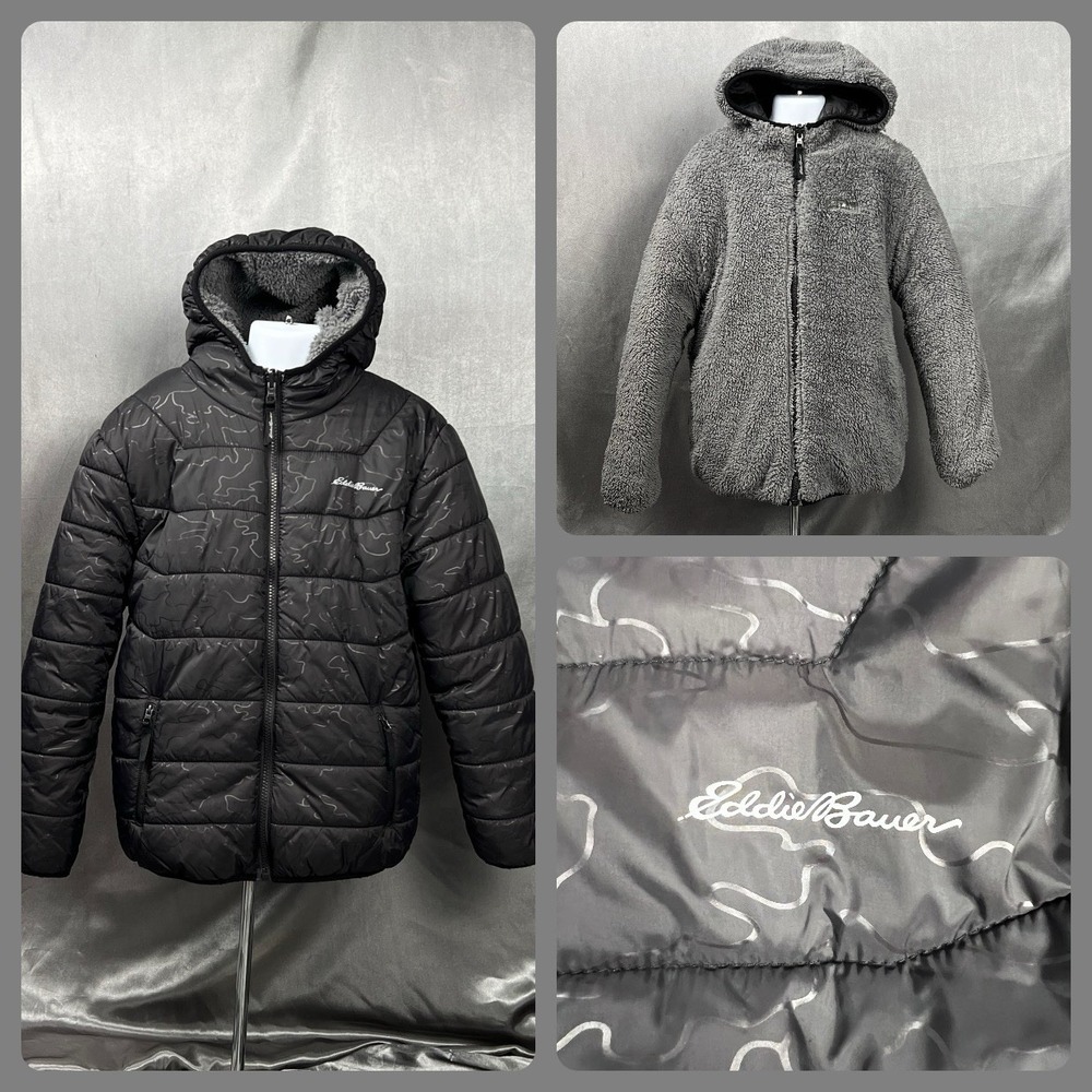 Eddie Bauer Down Hooded Kids Jacket Reversible Unisex Sz Med‎ 10/12 Black & Gray